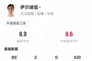 伊爾迪茲本場數(shù)據(jù)：2射門2射正2進球&1造烏龍，評分8.9