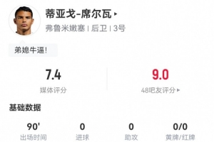 寶刀不老！40歲蒂亞戈-席爾瓦踢滿全場：8解圍2攔截3搶斷 獲7.4分