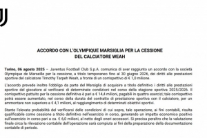 尤文官方披露維阿轉(zhuǎn)會費：總價最高1950萬，帶來600萬歐資本收益