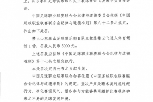泰山B隊主帥褚云飛發(fā)表不負責(zé)任評論，被禁賽1場+罰款5000元
