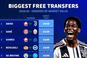 德轉(zhuǎn)列今夏免簽身價最貴榜：戴維&薩內(nèi)領(lǐng)銜，德布勞內(nèi)&托馬斯在列