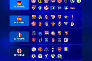 歐冠改制后五大聯(lián)賽參賽排行：德甲15隊(duì)居首，英超、意甲11隊(duì)最少