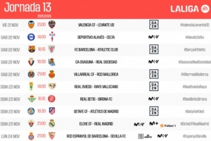 西甲第13輪時(shí)間：11月22日23:15巴薩vs畢巴，皇馬24日4點(diǎn)出戰(zhàn)