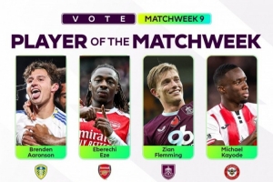 英超官方評(píng)第9輪最佳球員候選：埃澤、姆伯莫領(lǐng)銜，范德芬在列