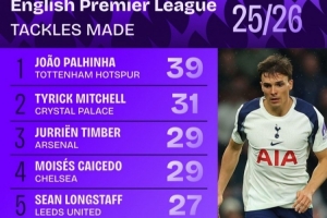 本賽季英超搶斷榜：帕利尼亞壓米切爾居首，廷伯、凱塞多列前四