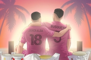 美職聯(lián)曬海報(bào)致敬阿爾巴、布斯克茨：懷抱獎(jiǎng)杯并肩策馬，步入夕陽